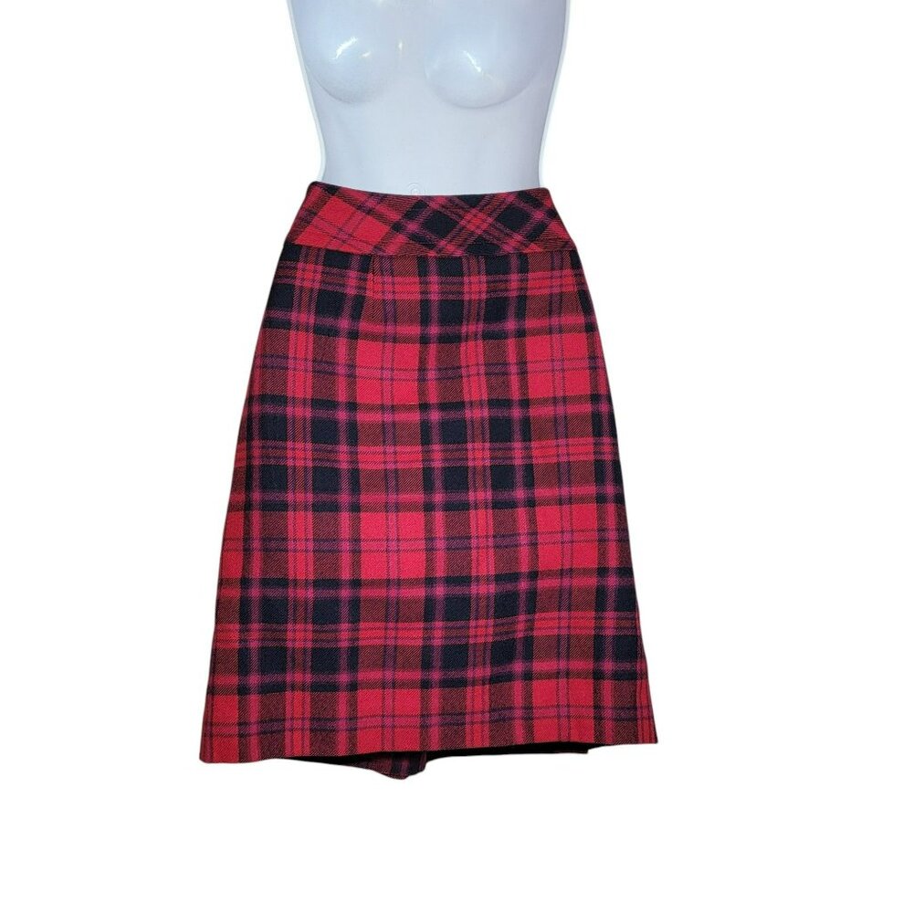 Talbots Pencil Skirt, Women 6,Red & Black Tartan Plaid Faux Wrap,Wool Blend, EUC